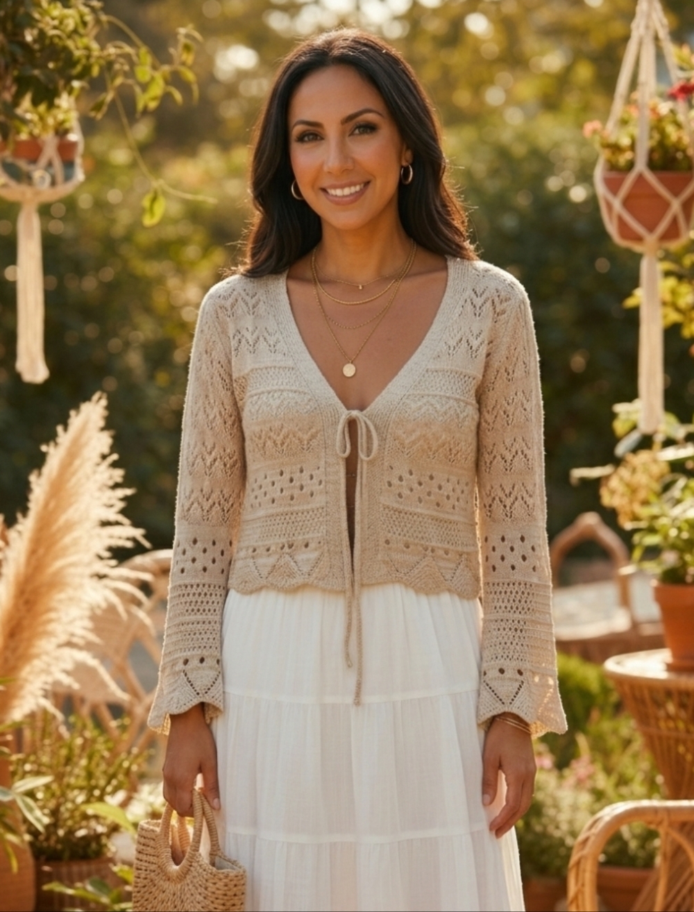 Beige Crochet Tie-Front Women's Sweater Cardigan